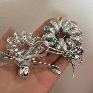 Koreanischer Stil Silber Metallic Spirale Telefonkabel Haargummis Mit Schleife Herz Strass Anhänger Mode Pferdeschwanz Elastisches Haarband