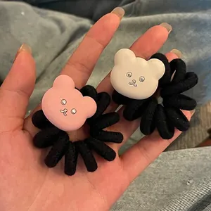 Cute Cartoon Bear Pendant Telephone Wire Hair Tie Elastic Spiral Hair Band Rhinestone Decor Hair Rope Women Girls Accessory
