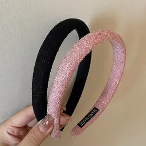 Serre-tête en Tweed Vintage Français pour Femmes Élégant Serre-tête en Tissu Rembourré Rose Noir Rayé Accessoires de Cheveux