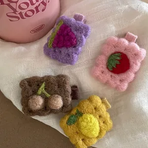 Cute fruit wool felt hair clips set featuring grape, strawberry, cherry, and lemon designs