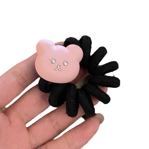 Korean style pink bear hair tie with black spiral telephone wire elastic band accessory