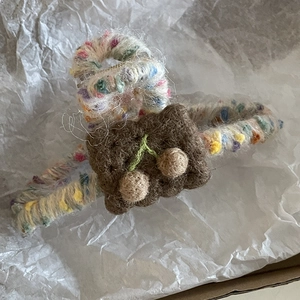 Handmade strawberry bear plush hair claw clip with colorful wool weave for women
