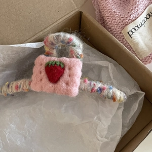 Handmade strawberry wool felt hair claw clip with colorful yarn wrap for women