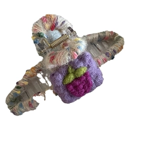 Handmade strawberry wool felt hair claw clip with colorful rainbow knit plush decoration