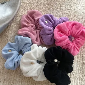 French Style Towel Fabric Scrunchie With Metal Charm For Women Cotton Hair Tie Candy Color Handmade Hair Accessories