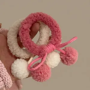 Elastici per capelli in peluche rosa e bianco con pompon e fiocchi graziosi