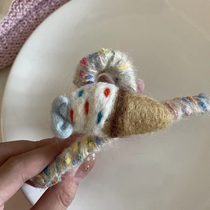 Cute large wool felt ice cream shark hair claw clip with colorful rainbow details