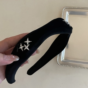 Vintage velvet sponge headband with sparkling silver rhinestone stars for women