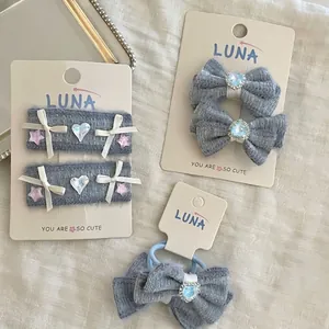 Elegante Set di Fermagli per Capelli con Fiocco in Velluto Blu Forcine Laterali Fattene a Mano in Lana con Strass Stella e Cuore per Accessori Capelli Donna