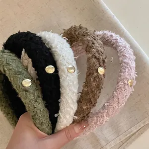 French Vintage Padded Headband For Women Tweed Fabric Hair Hoop With Gold Metal Buckle High Crown Hair Accessories
