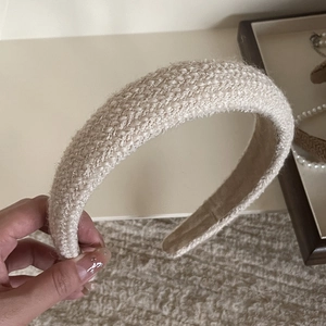French vintage beige woven headband with thick padded texture for high crown volume look