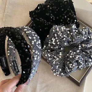 Handmade Fashion Sequin Velvet Hair Scrunchie Sparkling Elastic Hair Tie Black Gray Fabric Headband For Women Office Daily Jewelry
