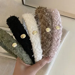 French retro tweed headbands with golden metal buttons in multiple colors for women