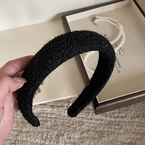 French vintage black tweed headband with silver silk accents for an elegant voluminous look