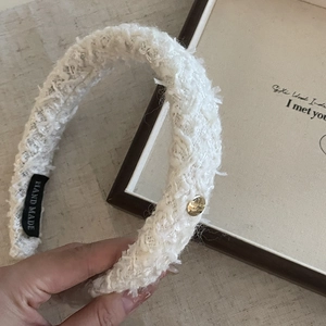 French retro white tweed headband with golden label for elegant hair styling