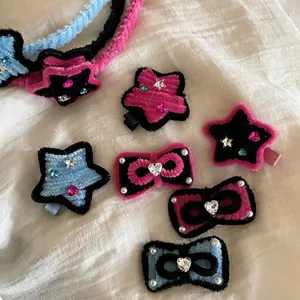Cute Chenille Bow Star Hair Clips Headbands With Rhinestone Heart Artificial Pearl Decor For Girls Fashion Hair Styling Ornaments