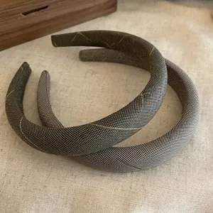 Vintage Plaid Wide Headband For Women Fabric Gold Thread Handmade Hair Band Retro Commuting Hair Accessory