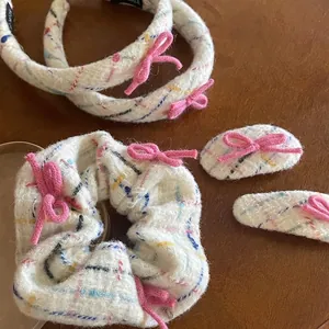 Korean Style Sweet Pink Bow Hair Clips Tweed Colorful Stripe Scrunchies Handmade Fabric Hair Accessories For Girls Women