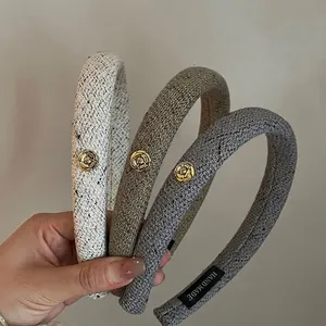 French Style Knitted Tweed Padded Headband For Women Vintage Gold Metal Camellia Flower Thickened Sponge Hair Hoop Elegant Hair Accessory