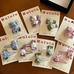 Handmade Velvet Bow Crochet Flower Hair Clips With Artificial Pearls Vintage Sweet BB Clips For Women Girls Kids Hair Accessories