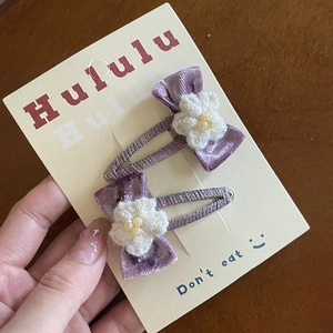 Velvet pearl bow BB hair clips for girls featuring purple velvet and knit flower details