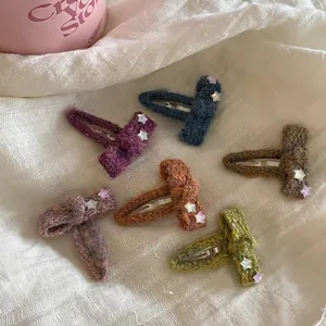 Handmade Knitted Bow Hair Clips Star Accents Cute Autumn Winter Princess Hairpins Girls Daily Accessories