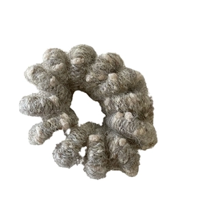 Plush knitted telephone wire hair ring with white pom poms in taupe brown finish