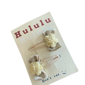 Champagne velvet bow hair clips with hand-knitted yellow flowers and faux pearls