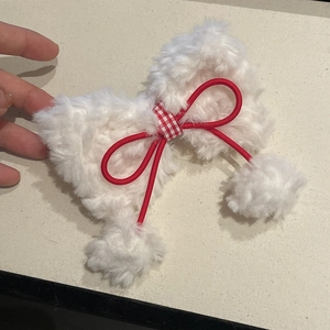 Fermaglio per capelli con fiocco in peluche bianco, nastro a quadri e pompon