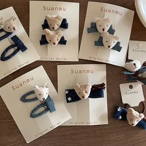 Handmade Cute Denim Bow Plush Bear Hair Clips And Hair Ties For Women Girls Blue Denim Bear Hair Accessories