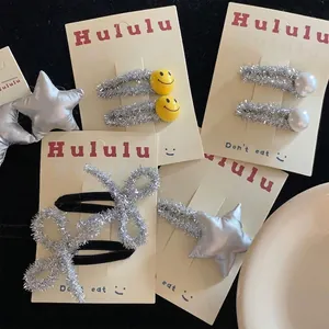 Cute Silver Tinsel Star Smiley Bowknot Handmade Fabric Hair Clips And Hair Ties For Kids Girls Fashion Hair Accessories