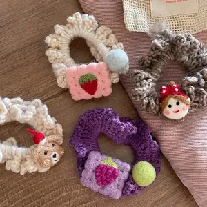 Cute Handmade Knitted Woolen Hair Scrunchie Fruit Animal Doll Pattern Sweet Felt Patch Hair Tie For Women Girls Hair Accessories