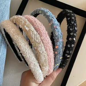 French Sequin High Crown Headband Elegant Fabric Hair Hoop For Women Retro Tweed Style Sparkling Hair Accessory Headpiece