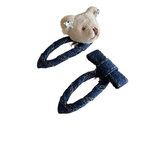 Cute teddy bear and denim bow hair clip set for girls in a stylish two-piece combination