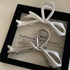 Elegante Fermaglio per Capelli a Fiocco in Metallo Grande Argento Opaco Bianco Perla Artificial Molletta per Capelli da Donna Accessori