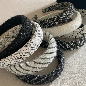 Black and white tweed padded headband with sequin detail for high cranial top hair look