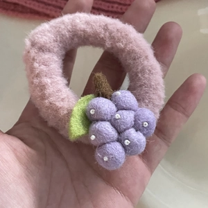 Cute handmade wool felt hair tie with purple grape design for kids' high ponytail