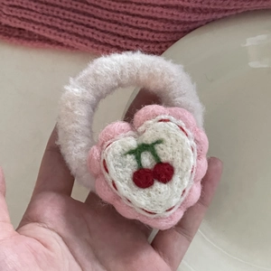 Cute white plush hair scrunchie with pink heart and cherry embroidery for women