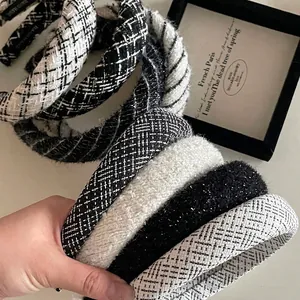 Vintage Black And White Tweed Padded Headband For Women High Top Sponge Hair Hoop Lattice Pattern Handmade Hair Accessories