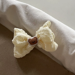 Cute cream bubble fabric hair clip with a brown bear embroidery patch in Korean ins style