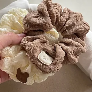 Cute Bear Cloth Scrunchies For Women Kids Korean Style Bubble Fabric Hair Ties Sweet Bow Handmade Hair Accessories Gift