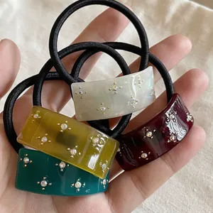 Elegant Acetate Square Hair Tie For Women Geometric Rhinestone Elastic Hair Band Korean Style Retro Hair Accessories Jewelry Gift