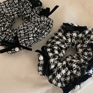 French Vintage Houndstooth Scrunchie With Satin Bowknot And Faux Artificial Pearl Black White Checkered Hair Tie For Women Accessories