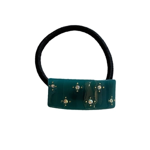 Deep green rectangle acetate hair tie with sparkling crystals on black elastic band