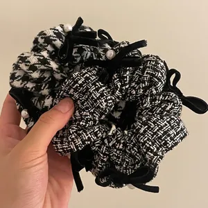 French style houndstooth scrunchies with black velvet bows and pearls, two-piece set