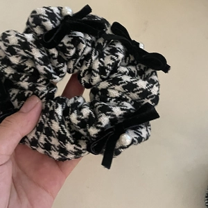 French style houndstooth scrunchie with velvet bows and pearls for women