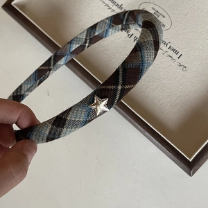 Vintage British style plaid headband with gold star accent and textured brown blue fabric