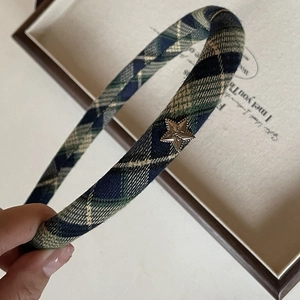 Retro vintage plaid headband with gold star metal detail for elegant hair styling