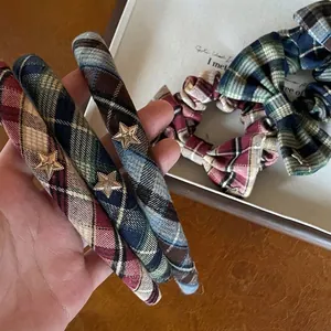 Vintage Plaid Bow Scrunchie For Women Retro Star Metal Charm Fabric Elastic Hair Ties Preppy Style Headband Hair Accessories