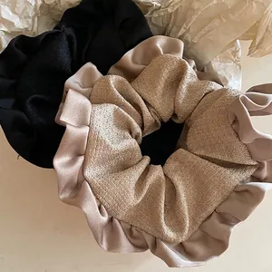 French Vintage Plaid Hair Scrunchie For Women Large Elastic Hair Tie With Wave Lace Edge Satin Elegant Ponytail Holder Jewelry